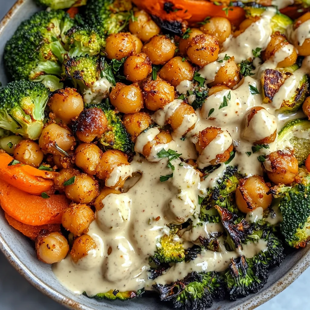 Roasted Veggie Chickpea Bowls with Maple Dijon Tahini Dressing