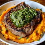 Steak with Green Sauce and Mashed Sweet Potatoes