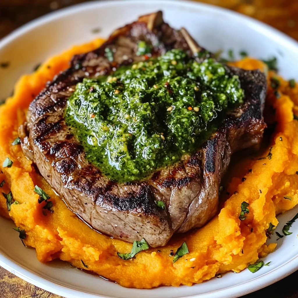 Steak with Green Sauce and Mashed Sweet Potatoes